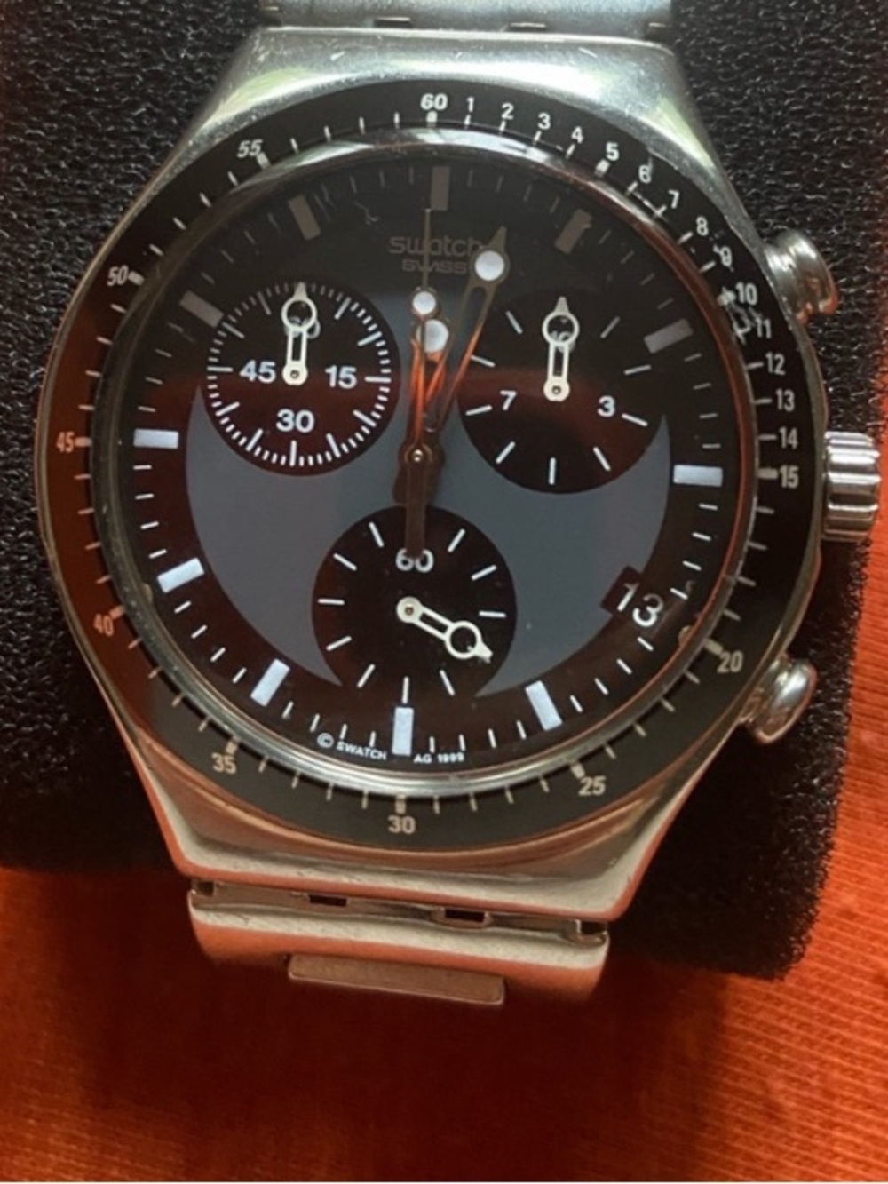 Swatch Silver Stainless Steel Chronograph with Black Dial.